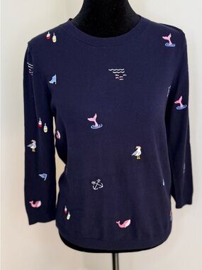 Talbots preppy chic navy crewneck sweater nautical beach boating whale cotton Sm